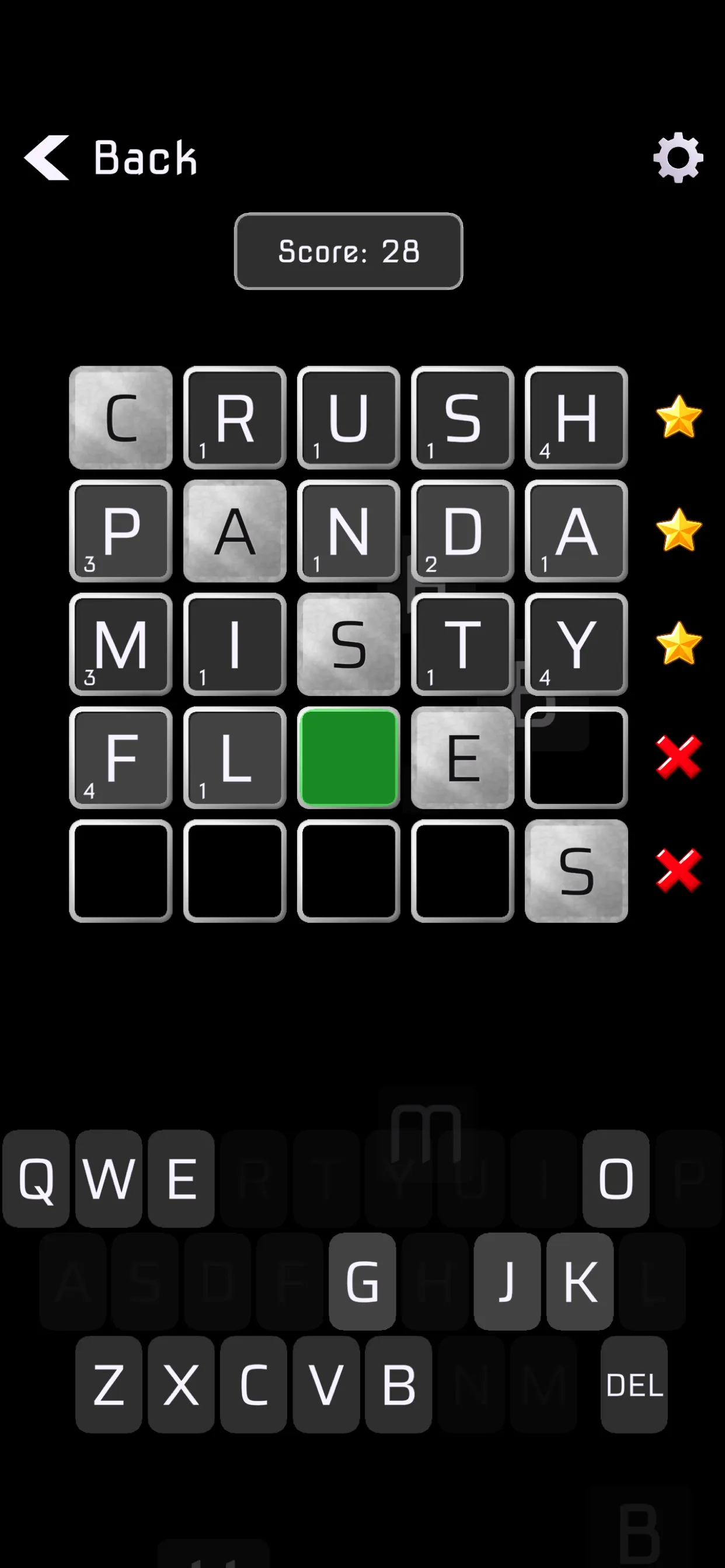 A 5x5 Letterical word puzzle in progress